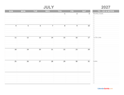 july 2027 calendar with to-do list