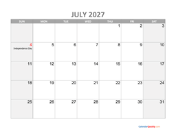 july calendar 2027 with holidays