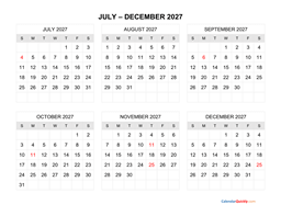 july to december 2027 calendar horizontal