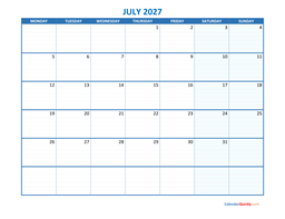 july monday 2027 blank calendar