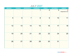 july monday 2027 calendar printable