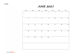 june blank calendar 2027 with notes