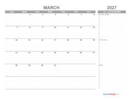 march 2027 calendar with to-do list