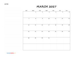 march blank calendar 2027 with notes