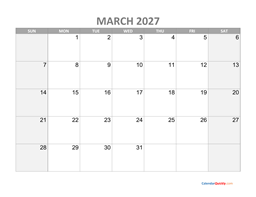 march calendar 2027 with holidays