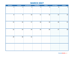 march monday 2027 blank calendar