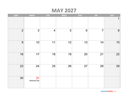 may calendar 2027 with holidays
