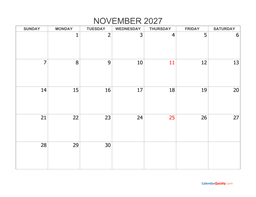 november 2027 blank calendar