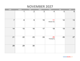 november calendar 2027 with holidays