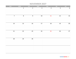 november calendar 2027 printable