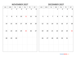 november and december 2027 calendar