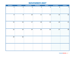 november monday 2027 blank calendar