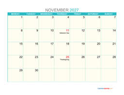november monday 2027 calendar printable