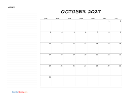 october blank calendar 2027 with notes