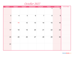october calendar 2027 with notes