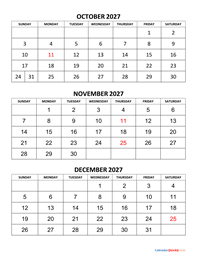 october to december 2027 calendar