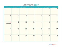 october monday 2027 calendar printable