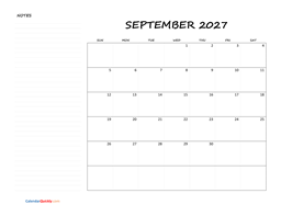 september blank calendar 2027 with notes
