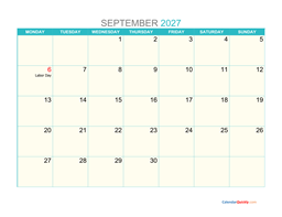 september monday 2027 calendar printable