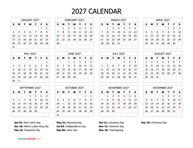 2027 Calendar with Holidays
