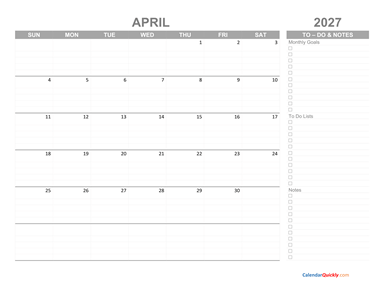 April 2027 Calendar with To-Do List