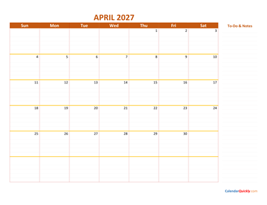 April 2027 Calendar