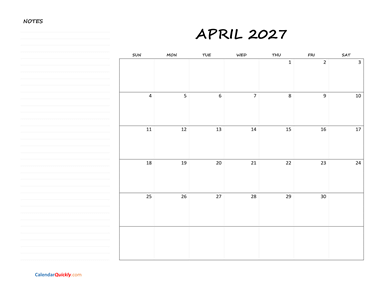 April Blank Calendar 2027 with Notes