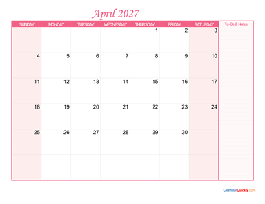 April Calendar 2027 with Notes