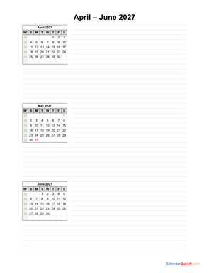 April to June 2027 Calendar with Notes