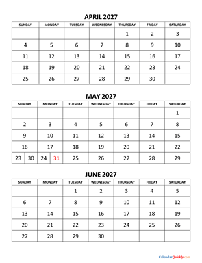 April to June 2027 Calendar Vertical