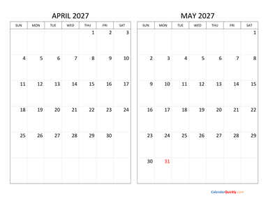 April and May 2027 Calendar Horizontal
