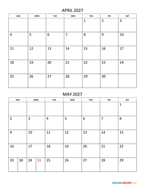 April and May 2027 Calendar Vertical