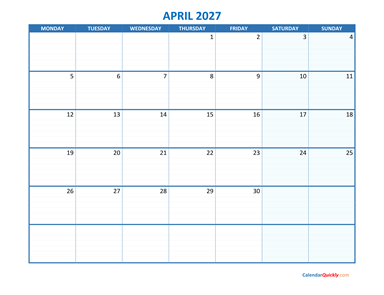 April Monday 2027 Blank Calendar