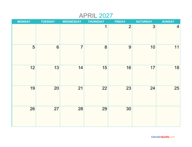 April Monday 2027 Calendar Printable