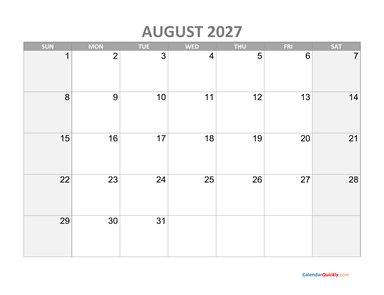 August Calendar 2027 with Holidays