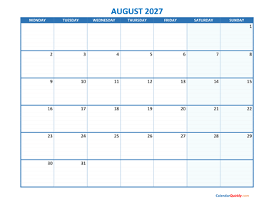 August Monday 2027 Blank Calendar