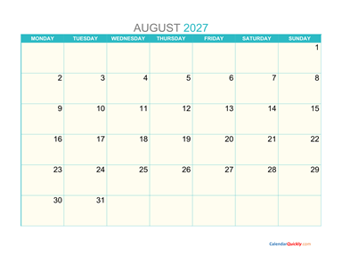 August Monday 2027 Calendar Printable