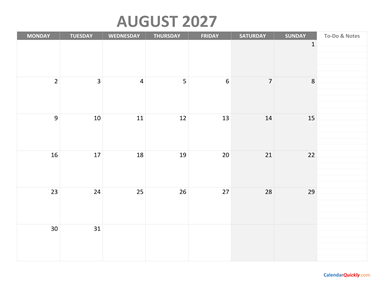 August Monday Calendar 2027 with Notes