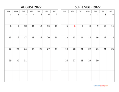 August and September 2027 Calendar Horizontal