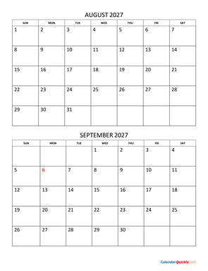 August and September 2027 Calendar Vertical