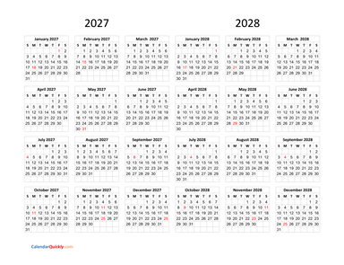 Calendar 2027 and 2028 on One Page