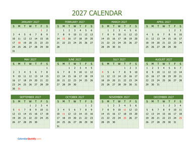 Yearly Calendar 2027