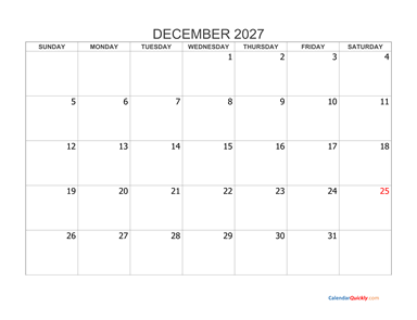 December 2027 Blank Calendar
