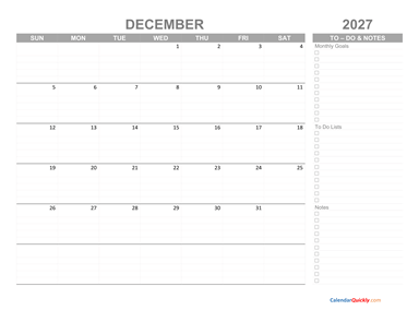 December 2027 Calendar with To-Do List