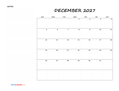December Blank Calendar 2027 with Notes