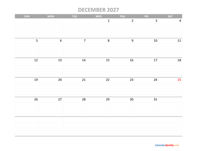 December Calendar 2027 Printable