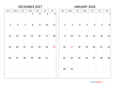 December 2027 and January 2028 Calendar Horizontal