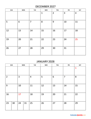 December 2027 and January 2028 Calendar Vertical
