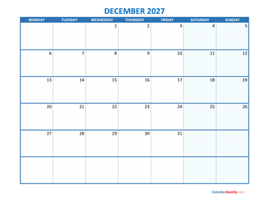 December Monday 2027 Blank Calendar