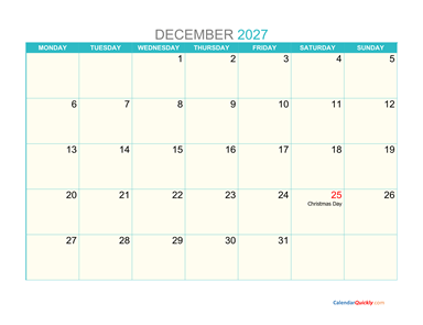 December Monday 2027 Calendar Printable